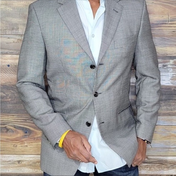 Hugo Boss Wool Silk Black Gray Geo Blazer Sport Jacket Size 38R - Picture 2 of 9